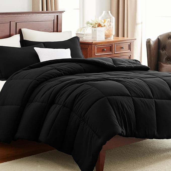 CozyLux Queen Comforter Set Black - 3 Pieces Box Stitched Comforters Queen Size, Soft Bed Set for All Seasons, Lightweight Bedding Sets with 1 Down Alternative Comforter and 2 Pillow Shams (Pack of 2)
