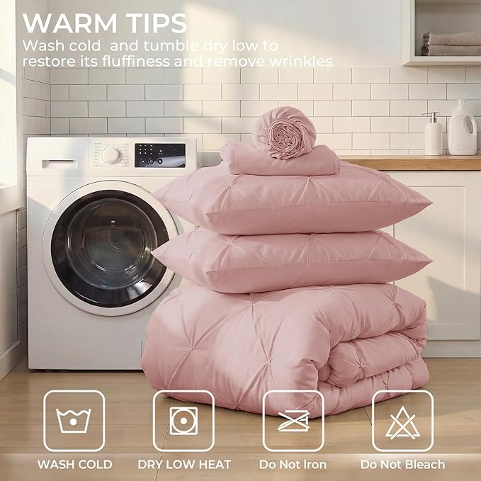 Sasttie Twin XL Comforter Set, 5-Piece Bed in a Bag, Pintuck Bedding Sets for All Season, Includes Comforter, Flat Sheet, Fitted Sheet, Pillowcase and Pillowsham, Rose Gold