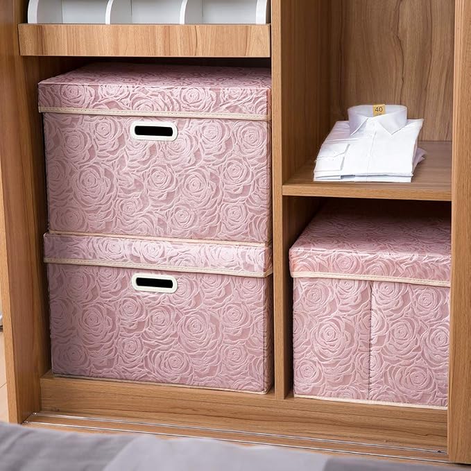 PRANDOM Larger Collapsible Storage Bin with Lid [1-Pack] Fabric Decorative Storage Box Cube Organizer Container Baskes with Handles Divider for Bedroom Closet Living Room Pink 17.7x11.8x11.8 Inch - Image 3