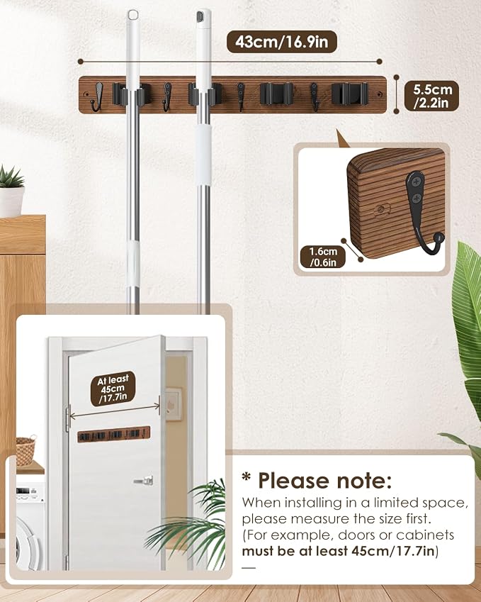 Broom Holder Wall Mounted, 4 Holders and 4 Hooks Mop Holder, Wooden Mop and Broom Holder with Anti slip rubber, Natural pine wood Brush Holder, Mop Wall Holde with Nail installation, Room Storage - Image 4