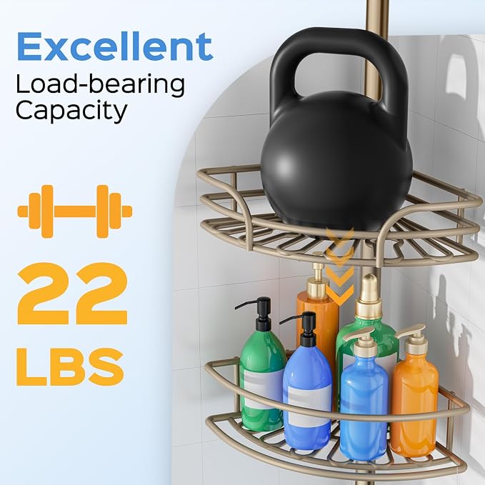 HAMITOR Shower Caddy Corner Tension Pole: 4-Tier Large Capacity Bathroom Organizer Shelves - Rustproof No-Drill Adjustable 47-123 inch Shower Storage for Renters, Home Bathtub Stand Rack, Tan Khaki - Image 4