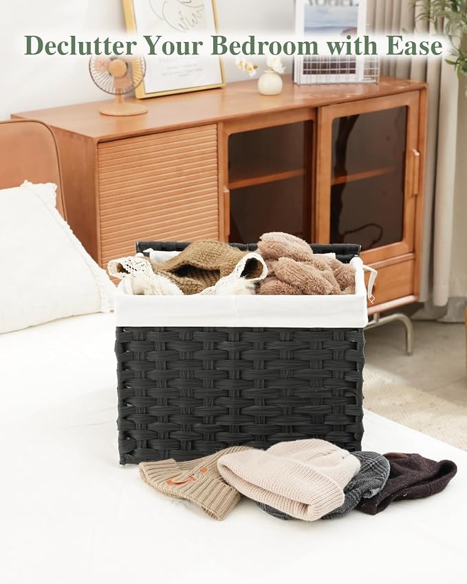 SETVSON Storage Basket with Lid Woven Wicker Baskets with 2 Separate Lid, 9.2 Gallon (35 L) Wicker Storage Bins with Handles, Foldable and 2 Removable Liner Bags for Bedroom, Laundry Room Black - Image 5
