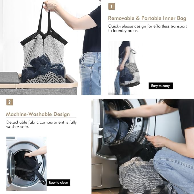 DOKEHOM 160L Double Laundry Basket with Removable Lid and Laundry Bags, Large Collapsible Laundry Hamper with 2 Sections (Dark Grey) - Image 6