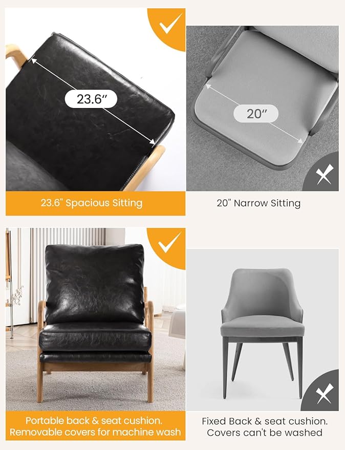 Mid Century Modern Accent Chairs for Living Room, 23” Wide Comfy Chair for Bedroom, Small Cozy Leather Reading Chairs for Adults, 108° Lounge Arm Chair Indoor with Detachable Cover, 5.5" Foam Cushion
