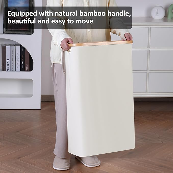 Slim Laundry Hamper,Narrow laundry Hamper with Lid,60L Hamper for Laundry,Dirty Cloth Hamper with Bamboo Handle for Toys,Towels, Clothes Organizing,Beige - Image 6