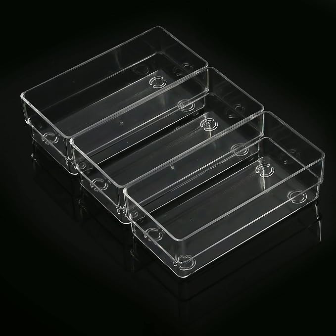 LotFancy Clear Drawer Organizers, 6'' x 3'' x 2'', Set of 3, Drawer Organizer Trays for Desk, Plastic Storage Bins for Bathroom, Makeup, Utensils, Stackable - Image 3