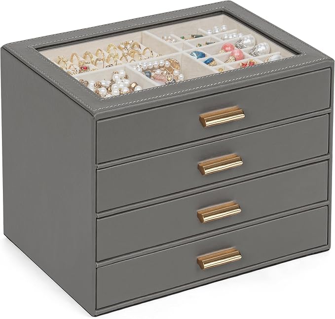 AKOZLIN Jewelry Box with Clear Lid Functional Leather Jewelry Storage Organizer Case 4 Drawers for Women Girls Necklace Ring Bracelet Earring DarkGrey by AKOZLIN