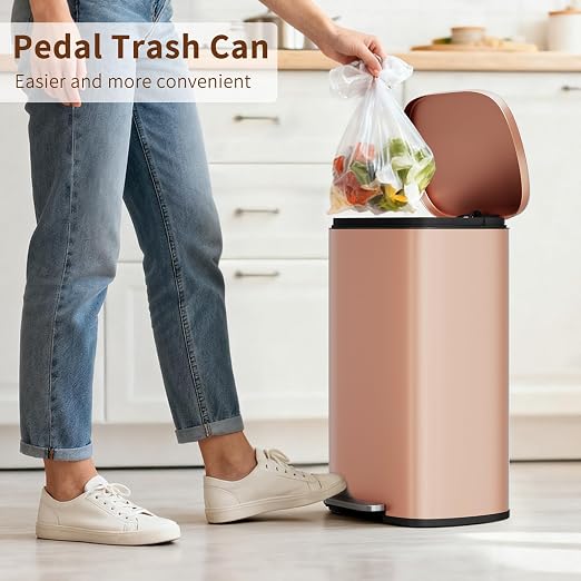 PayLessHere Trash Can Kitchen Stainless Steel Trash Can Trash Can with Lid Removable Inner Bucket Foot Pedal Soft Close for Office Home Kitchen Garbage Can Trash Bin (Pink, 13 G) - Image 2
