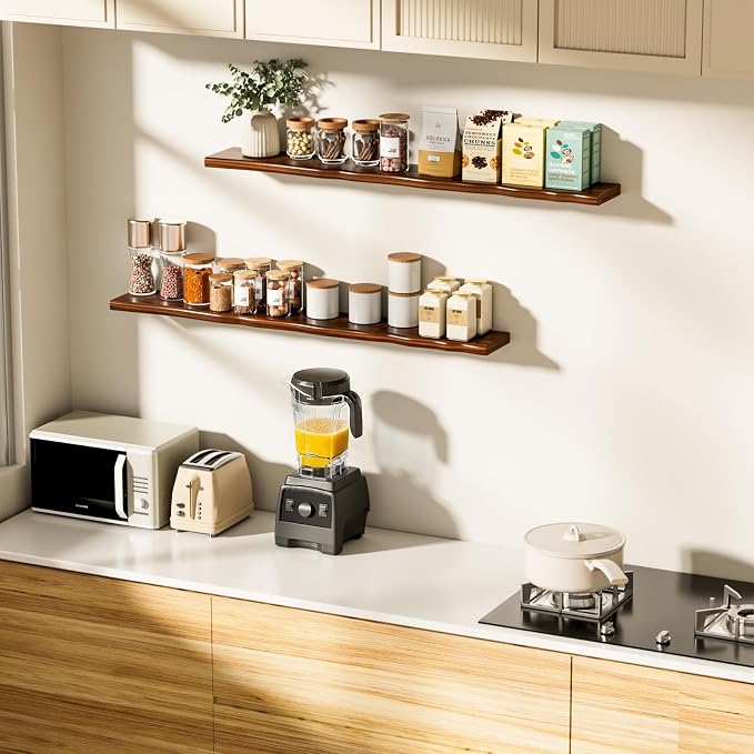 Floating Shelves for Wall Rustic Farmhouse 55 Inch Floating Shelf Bathroom Wooden Shelves for Wall Mounted Live Edge Pine Shelf with Unique Natural Grain for Living Room Bedroom Kitchen (Walnut) - Image 4