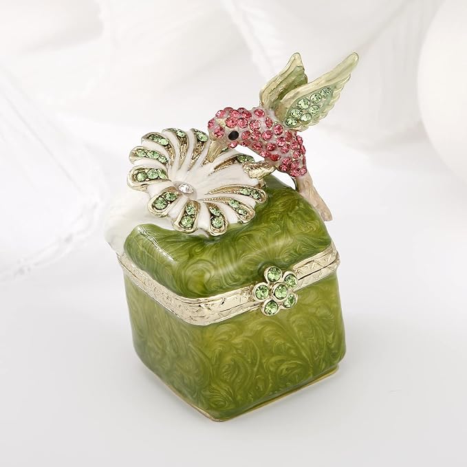 Hand Painted Enamel Hummingbird Trinket Box for Home Decor, Hinged Jewelry Organizer for Ring Earrings, Unique Figurine Keepsake Collectible Personalized Handmade Ornament Gifts (Green Hummingbird-3) - Image 4