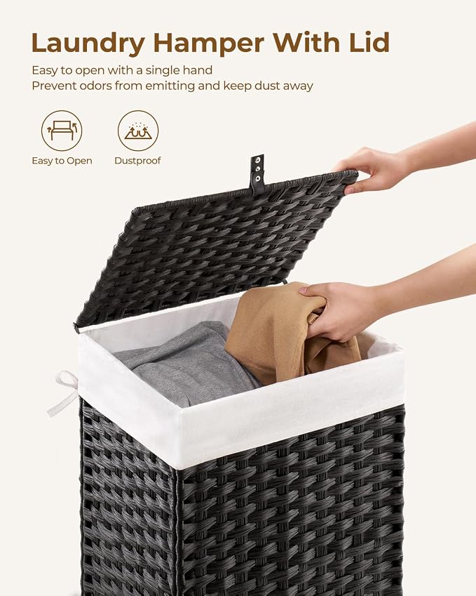 Greenstell Laundry Hamper with Lid, 60L Clothes Hamper with 2 Removable Liner Bags & 2 Mesh Bags, Handwoven Synthetic Rattan Basket, Toys in Bathroom, Bedroom Black - Image 5