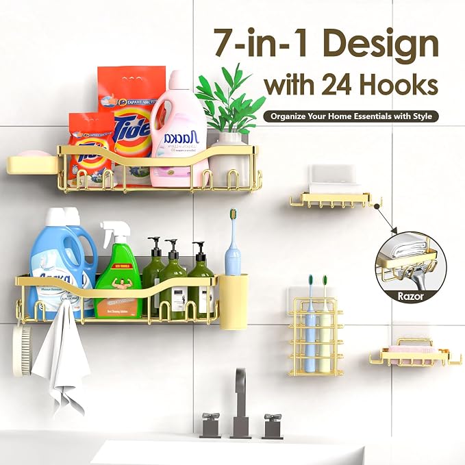 NESOMI Shower Caddy Adhesive Shower Organizer 7-Pack, Rustproof Stainless Steel Bathroom Shelves, Large Capacity No-Drill Rack Storage Accessories with Soap Dish Toothbrush Holder Hooks - Image 7
