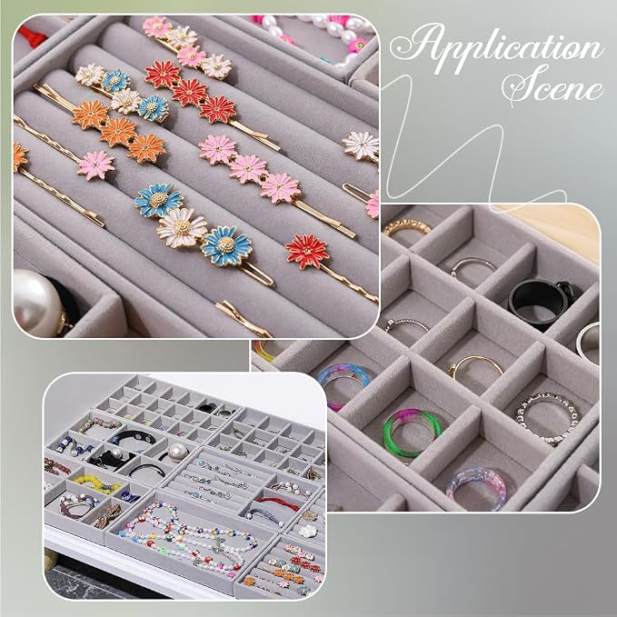 2Pcs 5 x 8.3 Inch Velvet Jewelry Trays Stackable Jewelry Organizer Removable Divider 12 Grids Divided Gray Necklace Storage Container Box Dresser Drawer Case for Earring Ring Display Showcase - Image 5
