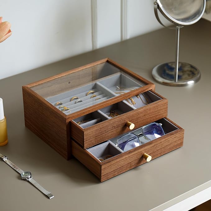 Black Walnut Jewelry Organizers and Storage,2 Layer Wooden Jewelry Boxes for Women,for Necklaces Ring Earring (2 Layer) by THFLSTR