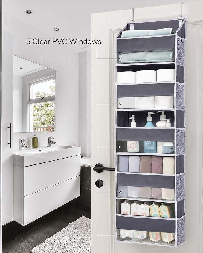 ULG 1 Pack Over Door Organizer with 5 Large and 10 Mesh Side Pockets, 44 lbs Weight Capacity Hanging Storage with Clear Window Kids Toys, Shoes, Diapers, Dark Grey, 5 Layers - Image 6