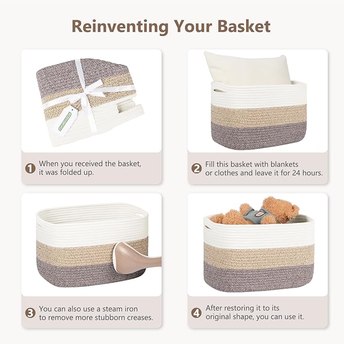 ECDYQXVU Cotton Rope Storage Baskets,15x10x9 in,Foldable Storage Bins, Decorative Woven Basket Cube Storage Organizer for Laundry, Towel, Clothes (White/Beige-3Pack, 15x10x9 inches) - Image 8