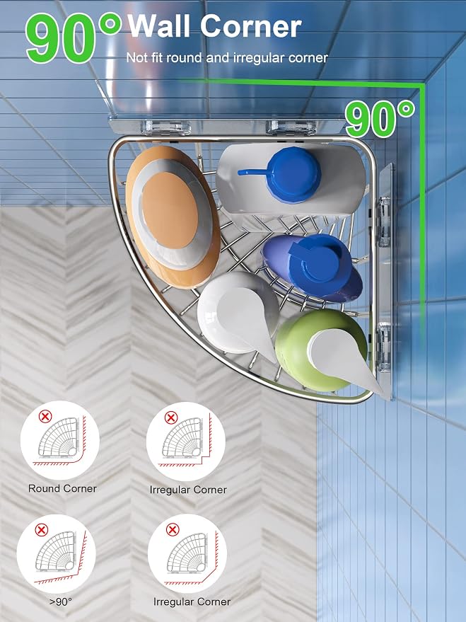 SMARTAKE 2-Pack Corner Shower Caddy Deep Basket Design, SUS304 Stainless Steel, Wall Mounted Bathroom Shelf with Adhesive, Storage Organizer for Toilet, Dorm and Kitchen (Silver) - Image 2