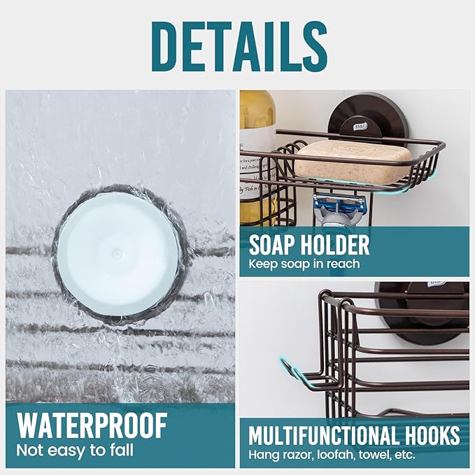 TAILI Shower Caddy Suction Cup with Hooks & Soap Holder, Heavy Duty Bathroom Shower Organizer, No Drilling Shelves for Inside Bathroom, Brown Metal Storage Holder - Image 5