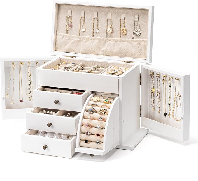 Poyilooo Jewelry Box Organizer, Solid Wood Jewelry Boxes for Women for Storage & Display Necklace Ring Earring Bracelet, Rustic Style Jewelry Organizer Box for Women Gifts (Weathered White) by Poyilooo