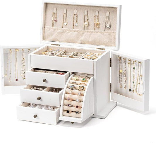 Poyilooo Jewelry Box Organizer, Solid Wood Jewelry Boxes for Women for Storage & Display Necklace Ring Earring Bracelet, Rustic Style Jewelry Organizer Box for Women Gifts (Weathered White) by Poyilooo