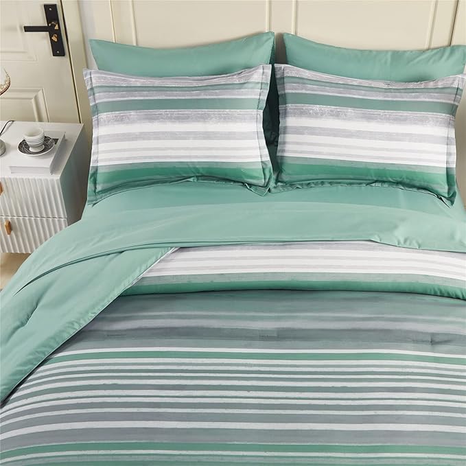 KAKIJUMN 7 Piece Bed in a Bag Stripe Comforter Set King Size, White Grey Sage Green Patchwork Striped Comforter and Sheet Set, All Season Soft Microfiber Complete Bedding Sets(Green,King)