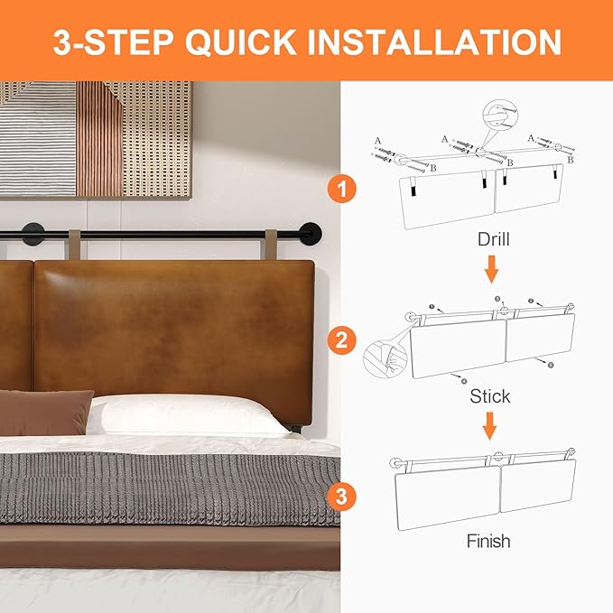 BSHOMGI Queen Headboard, Hanging Headboards with Brown Faux Leather Industrial Pipe Modern Style Only for Bed Backboard Headboards for Queen Size Bed