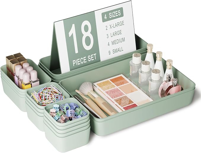 Plastic Drawer Organizers, 18 PCS Drawer Organizer Bins, Bathroom and Vanity Organizer Plastic Tray, Makeup organizer and storage for Makeup, Bedroom, Kitchen Gadgets Utensils and Office by Homhut