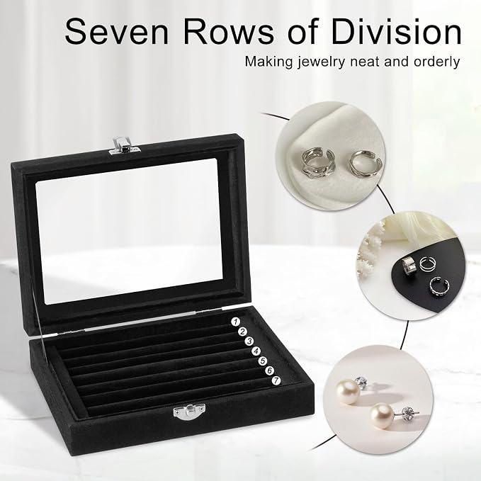 Velvet Ring Organizer Box, 7 Slots Jewelry Holder with Glass Lid Earring Display Tray Storage Case Gift for Women and Girls (Black) - Image 3