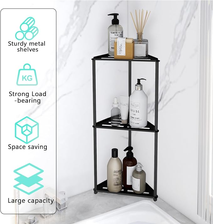 Standing Shower Caddy Corner, 3 Tier Stainless Steel Shower Organizer Stand, Rustproof Corner Shower Shelves, Corner Shower Caddy Bathroom Shower Stand, Black - Image 7