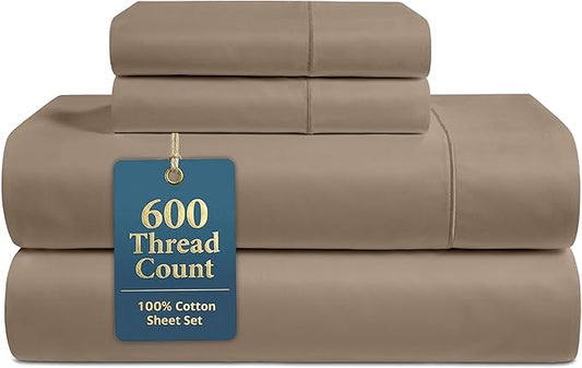 LANE LINEN King Bed Sheet Set – 600 Thread Count Long-Staple 100% Cotton Sheets King Size, Naturally Cool & Durable, Year Around Use, 15" Deep Pocket Fitted Sheet for Snug Fit – Taupe