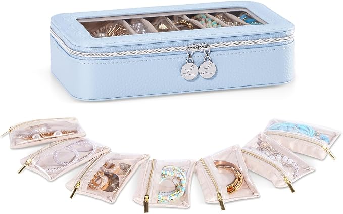 Lolalet 8 in 1 Travel Jewelry Case with Velvet Pouches, Clear Window Travel Jewelry Organizer Bags for Earrings, Bracelets, Necklaces and Rings, Compact Jewelry Storage for Women Girls -Blue, 7PCS by Lolalet