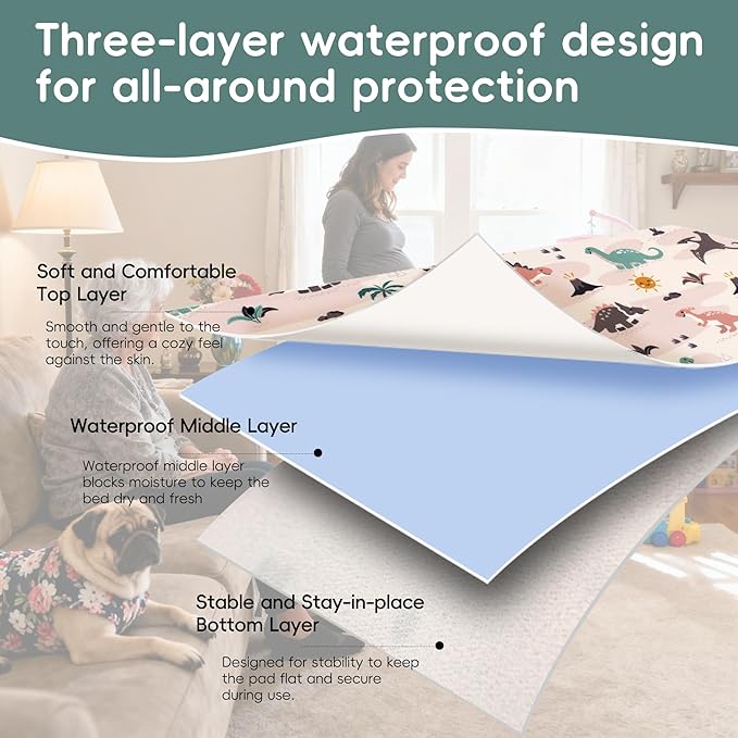 Pee Pads for Kids Waterproof Crib Pad - Reusable Potty Training Pads for Bed, Washable Toddler Mattress Pad Protector, Unisex for Toddlers Adults Elderly & Pets(Cartoon Dinosaur, 31 x 39 Inch)