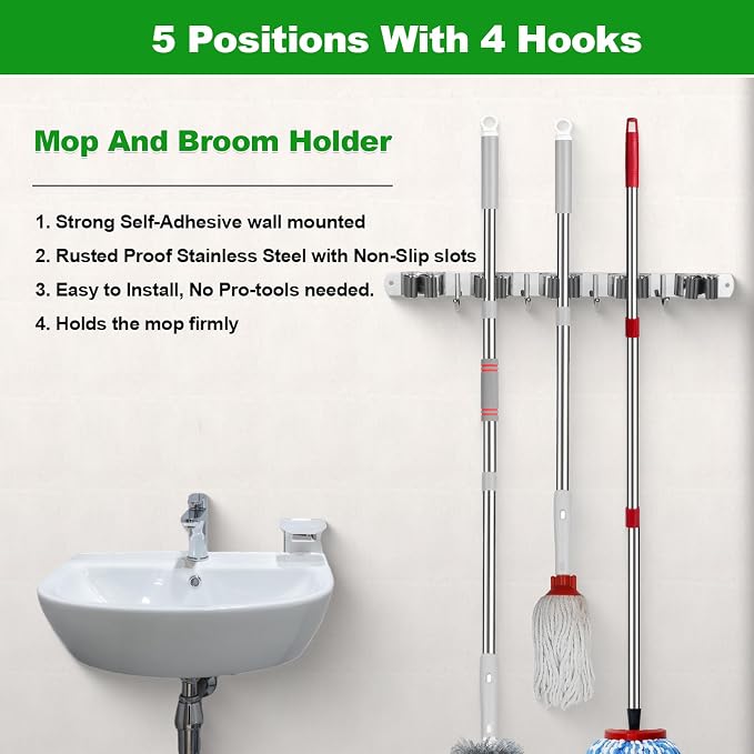 voze 5 Racks and 4 Hooks Mop and Broom Holder Wall Mount, Self Adhesive Heavy Duty Broom Hanger Organizer Storage Tool Racks for Kitchen Garden Laundry Garage - Image 2