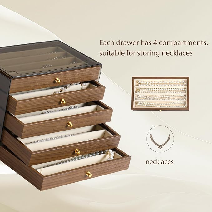 CLUQMEIK 5 Layer Necklace Jewelry Box, Vintage Wooden Jewelry Box with Acrylic Cover Stackable Necklace Storage Organizer for Women and Girls to Storing Necklaces - Image 4