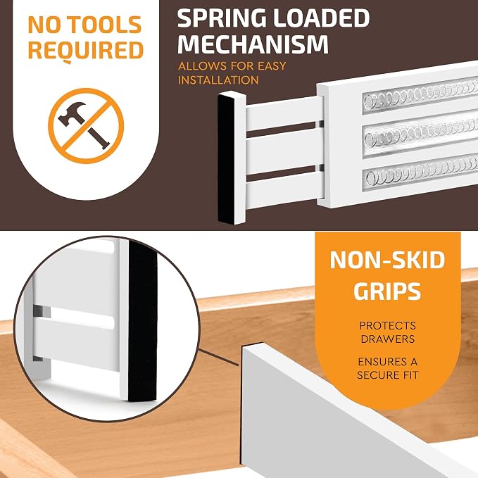 6-Pack Drawer Dividers 4 Inch High, 11”-17" Adjustable Bamboo Organizers Large Expandable Drawer Separators for Cloths, Dresser, Bedroom, Bathroom, Baby Drawer, Office & Kitchen Utensils (White) - Image 6