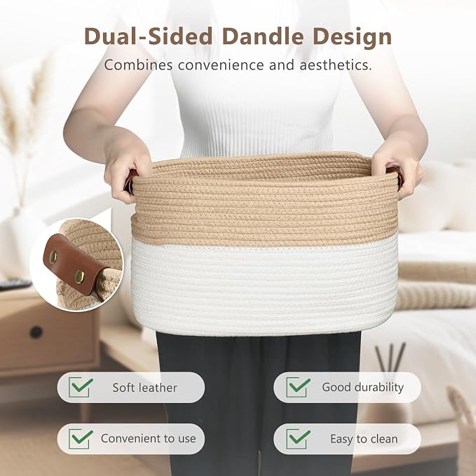 ECDYQXVU Cotton Rope Storage Baskets,15x10x9 in,Foldable Storage Bins, Decorative Woven Basket Cube Storage Organizer for Laundry, Towel, Clothes (White/Beige-3Pack, 15x10x9 inches) - Image 4