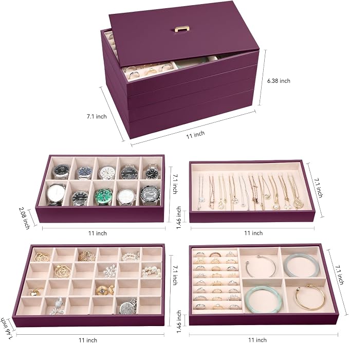 Voova Stackable Jewelry Organizer Tray with Lid, PU Leather Jewelry Storage Holder for Drawer Inserts, Jewellery Display Box Case for Earring Necklace Ring Watch Bracelet (Set of 4, Purple) - Image 5