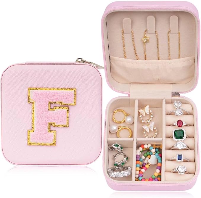 ETHOON Jewelry Travel Case Small Organizer Stocking Box Personalized Gifts Teenage Jewelry Accessories Holiday Wedding Christmas Gift for Women Pink, Letter F by ETHOON