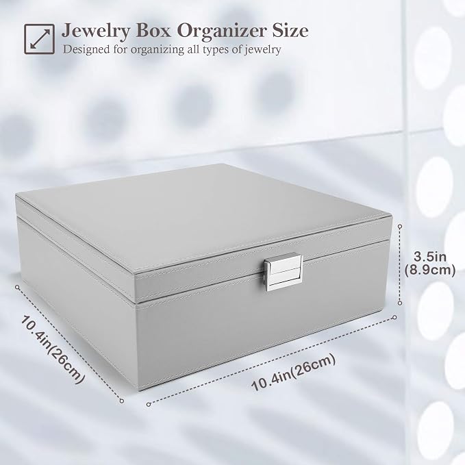 ProCase Jewelry Box for Women, 2 Layers Large Leather Jewelry Organizer Storage Case with Removable Pad for Earrings -Grey - Image 4