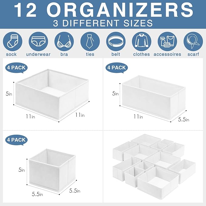 Criusia Drawer Organizer Clothes 12 Pack - Fabric Closet Organizers and Storage for Nursery Organization - Dresser Drawer Dividers for Baby Clothes/Socks/Underwear/Bras - College Dorm Room Essentials - Image 3