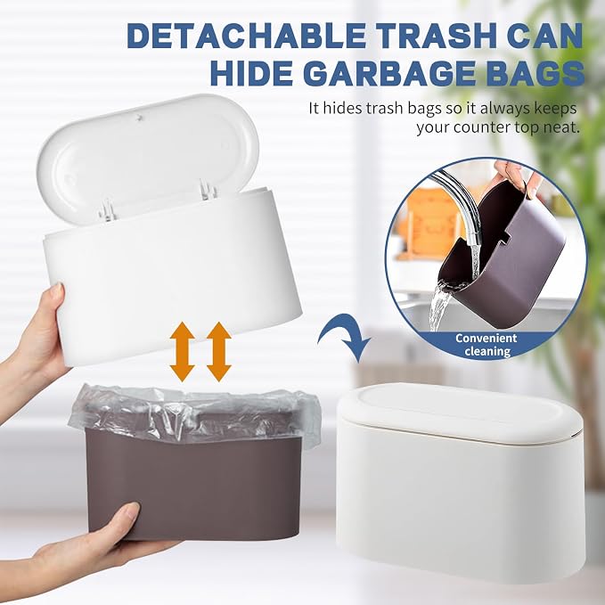 LTWQLing Mini Trash Can with Lid - Removable Small Garbage Can, Tiny Plastic Trash Bin, Pop Up Countertop Wastebasket, Counter Garbage Lint Bin for Bathroom,Office,Kitchen,Desk,Coffee Table(White) - Image 3