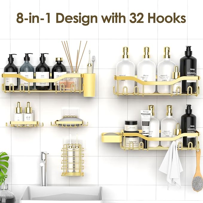 NESOMI Shower Caddy Adhesive Shower Organizer 8-Pack, Rustproof Stainless Steel Bathroom Shelves, Large Capacity No-Drill Rack Storage Accessories with Soap Dish Toothbrush Holder Hooks - Image 4