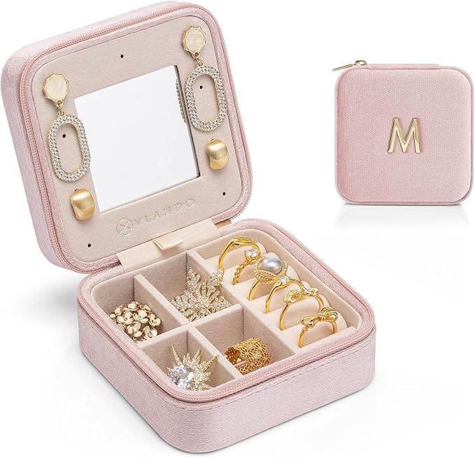 Vlando Small Travel Jewelry Box Organizer Display Case for Rings Earrings Necklaces Storage, Selected Soft Velvet, Letter M Engraved, Pink by VLANDO