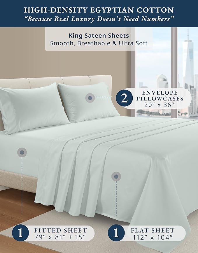 LANE LINEN Luxury 100% Egyptian Cotton Bed Sheets King Size, Fully Elasticized Reinforced 15 Inch Extra Deep Pocket King Sheets, Soft & Comfy Sateen Weave for Silky Finish - Murmur