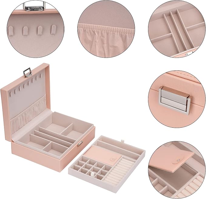 Jewelry Organizer Box Travel Jewelry Box Storage Organizer Case Earring Ring Necklace Box Large Travel Jewelry Case/PINK - Image 3