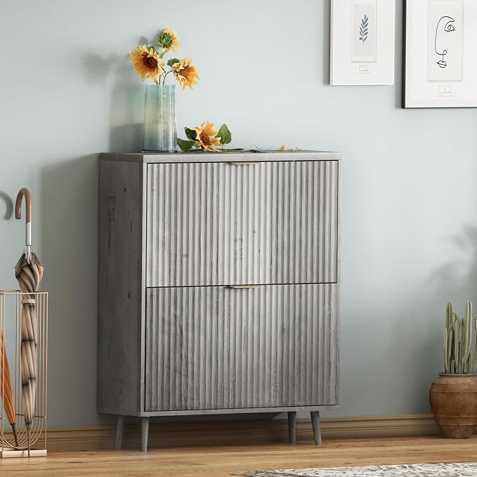 Shoe Cabinet Storage,Modern Freestanding Organizer with 2 Flip Drawers,Narrow Shoe Rack Cabinet for Entryway,Grey - Image 7