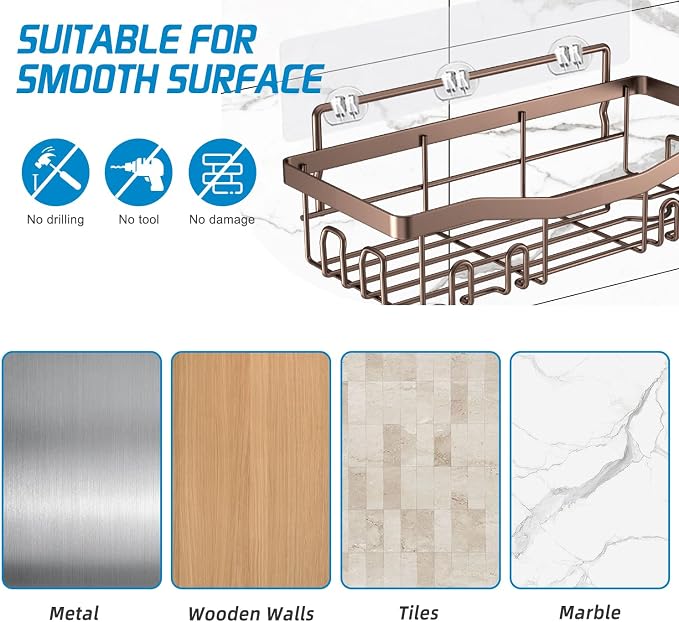 Youvip Adhesive Shower Caddy, No Drilling Bath Organizers 5 Pack, Rustproof Shelves with Soap Holder & Toothbrush Holder, Bathroom Organizers and Storage, Bronze - Image 8