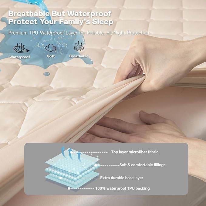Waterproof Mattress Protector King, 18” Deep Pocket King Mattress Topper+2pcs Pillow Cases - Leakproof, Oeko-TEX Certified, Breathable & Noiseless,Machine Washable (Khaki)