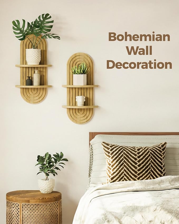 Bamworld Boho Wall Decor 2pcs Plant Wall Shelf, Mid Century Modern Decor Hanging Plant Shelf, 2-Tier Wooden Floating Shelves for Home, Bathroom Bedroom Living Room Holding Planter Decoration Natural - Image 3
