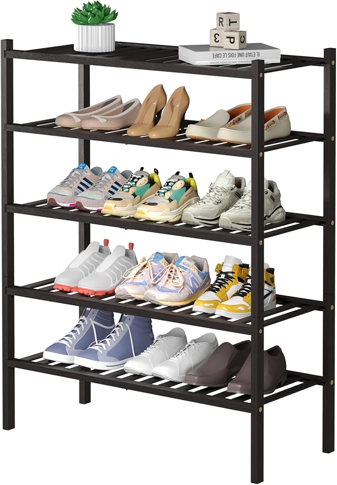 ROMGUAR CRAFT 5 Tier Bamboo Shoe Rack for Closet Free Standing Wood Shoe Shelf for Entryway Small Space Stackable 27"x11"x33" (Brown) by ROMGUAR+CRAFT